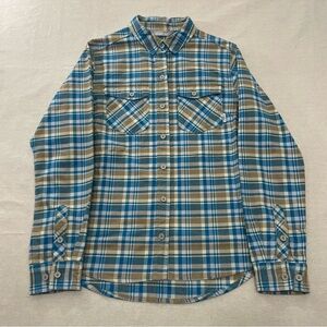 Stio Shirt Womens Medium Blue Tan Plaid Organic Cotton Button Front Long Sleeve